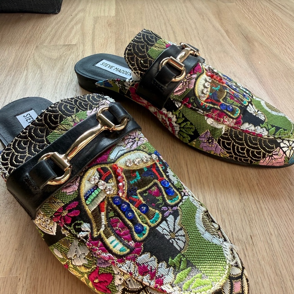 Steve Madden Gold-Accented Embroidered Slip-On Mules - Black & Multicolor